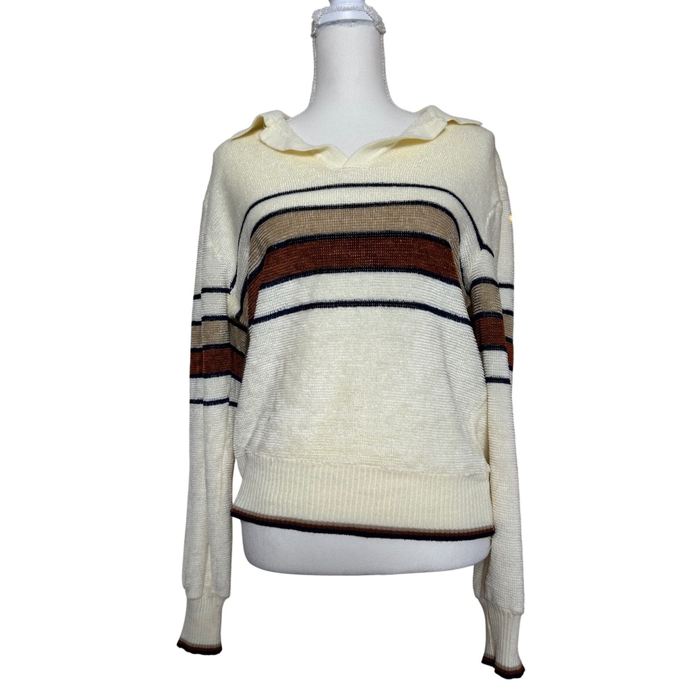 Vintage GAP 90s Striped Collared Sweater Cream Brown Blue Size Medium Preppy
